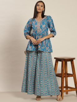 Blue rayon Printed Top And Palazzo Co-Ord Set