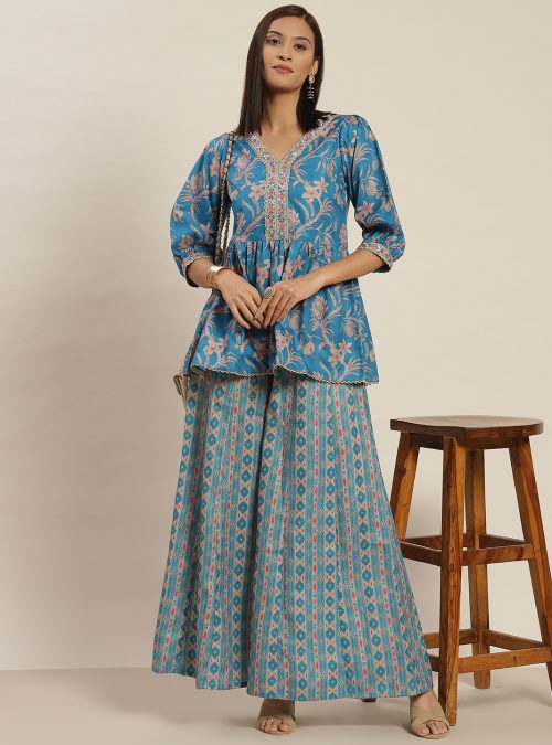 Blue rayon Printed Top And Palazzo Co-Ord Set