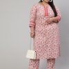 Women Plus Size White & Pink Printed Straight Kurta Paired With Printed Palazzo