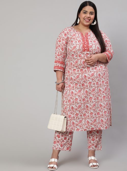 Women Plus Size White & Pink Printed Straight Kurta Paired With Printed Palazzo