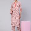 Women White & Pink Printed Straight Kurta Paired With Printed Palazzo