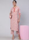 Women White & Pink Printed Straight Kurta Paired With Printed Palazzo