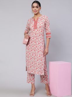 Women White & Pink Printed Straight Kurta Paired With Printed Palazzo