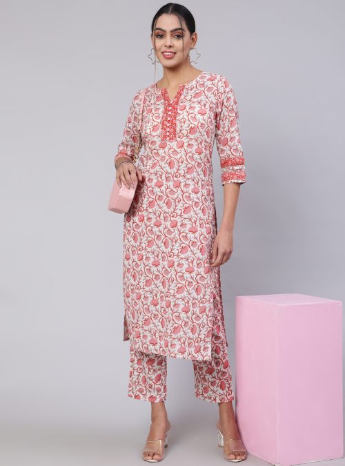 Women White & Pink Printed Straight Kurta Paired With Printed Palazzo