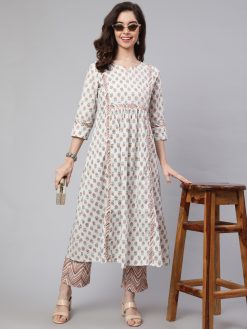 White & Peach Flared Cotton Embroidered Kurta With Printed Pants