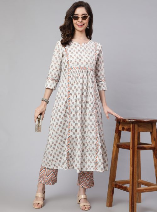 White & Peach Flared Cotton Embroidered Kurta With Printed Pants