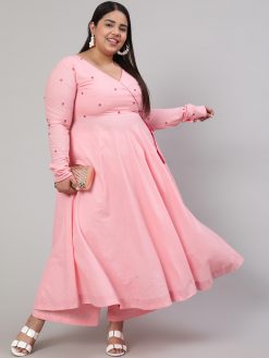 Women Plus Size Pink Mirror Embroidered Anarkali Kurta With Flared Pink Palazzo