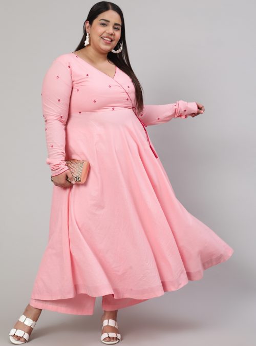 Women Plus Size Pink Mirror Embroidered Anarkali Kurta With Flared Pink Palazzo