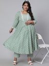 Women Green Plus Size Woven Ethnic Print Embroidered Flared Laced Kurta With Printed Palazzo