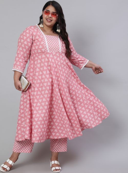 Pink Plus Size Woven Ethnic Print Embroidered Flared Laced Kurta With Printed Palazzo
