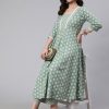 Women Green Woven Ethnic Print Embroidered Flared Laced Kurta With Printed Palazzo