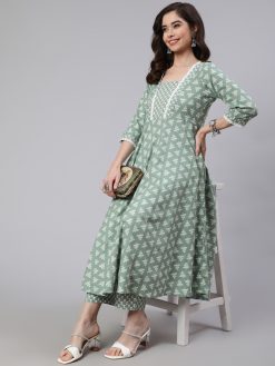 Women Green Woven Ethnic Print Embroidered Flared Laced Kurta With Printed Palazzo