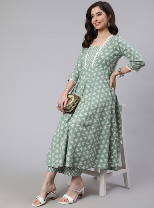 Women Green Woven Ethnic Print Embroidered Flared Laced Kurta With Printed Palazzo