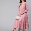 Women Pink Woven Ethnic Print Embroidered Flared Laced Kurta With Printed Palazzo