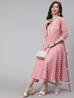 Women Pink Woven Ethnic Print Embroidered Flared Laced Kurta With Printed Palazzo