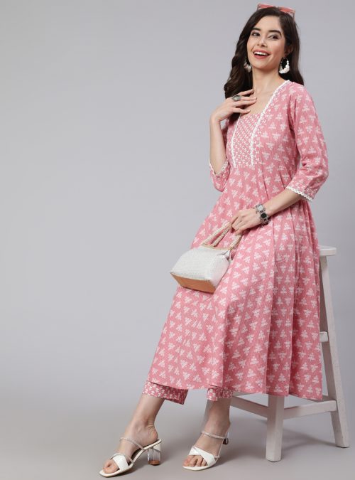 Women Pink Woven Ethnic Print Embroidered Flared Laced Kurta With Printed Palazzo