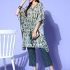 Green Abstracted Print Muslin Embroidered Kaftan With Pants