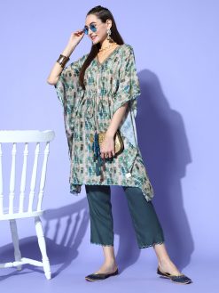 Green Abstracted Print Muslin Embroidered Kaftan With Pants