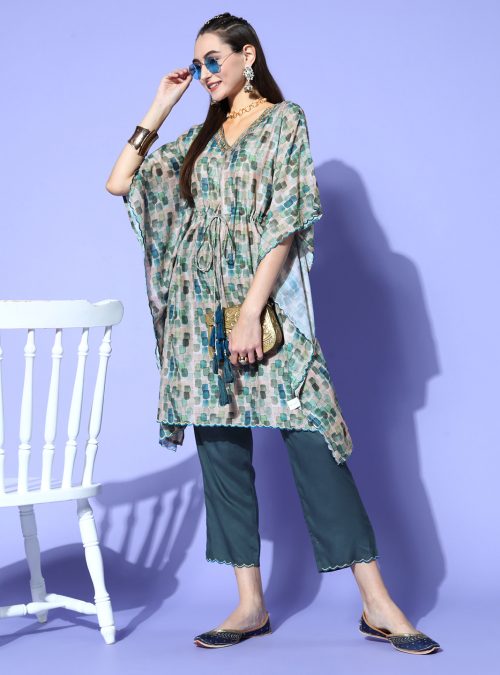 Green Abstracted Print Muslin Embroidered Kaftan With Pants