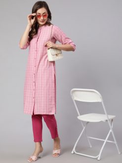 Pink Self-weaved Checks Straight Embroidered Kurta with Solid Pants
