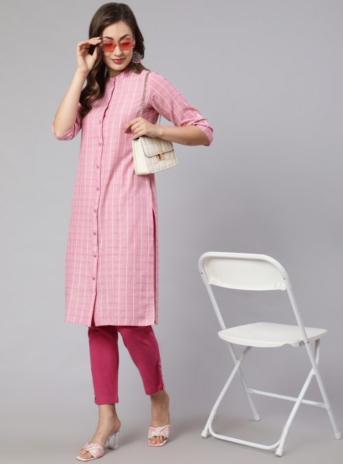 Pink Self-weaved Checks Straight Embroidered Kurta with Solid Pants