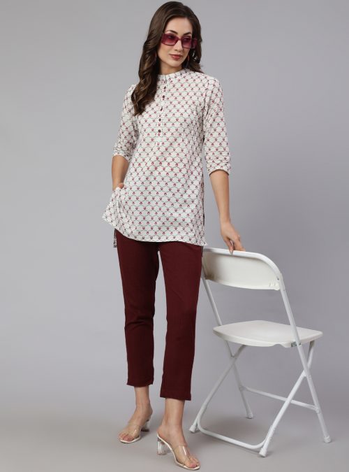 White Geometric Printed Cotton Short Kurta With Burgundy Pants