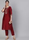 Maroon Chanderi Embroidered Straight Kurta With PAnt