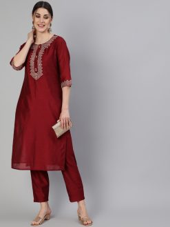 Maroon Chanderi Embroidered Straight Kurta With PAnt