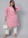 Plus Size Pink Self Weaved Straight Kurta With Off-White Pants