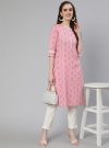 Pink Self Weaved Straight Kurta With Lace Detail And Off-White Pants