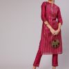 Women Fuchsia Foil Printed Chanderi Straight Kurta Paired With Solid Pant