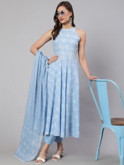 Women Blue Printed Halter Neck Fit & Flared Kurta With Printed Pant And Dupatta