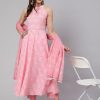 Women Pink Printed Halter Neck Fit & Flared Kurta With Printed Pant And Dupatta