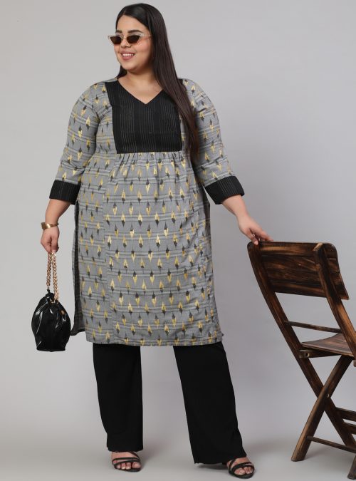 Women Plus Size Grey Self Weaved Ikat Straight Kurta