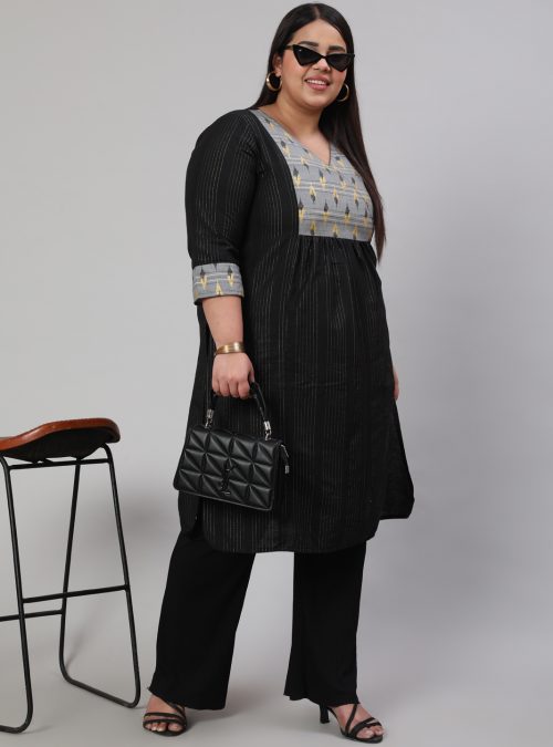 Women Plus Size Black Self Weave Straight Kurta