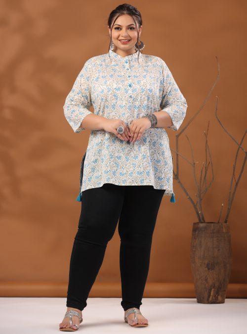 White & Blue Plus Size printed Cotton Straight Short Kurta