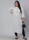 White & Grey Plus Size Straight Fit Cotton Embroidered Kurta