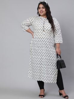 White & Grey Plus Size Straight Fit Cotton Embroidered Kurta