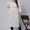 White & Peach Plus Size Straight Fit Cotton Embroidered Kurta