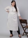 White & Peach Plus Size Straight Fit Cotton Embroidered Kurta