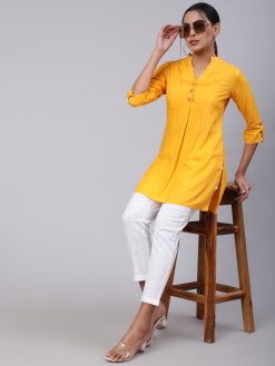 Women Yellow Solid Viscose Gathered Short Kurta