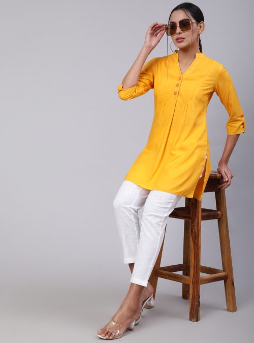 Women Yellow Solid Viscose Gathered Short Kurta