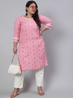 Women Plus Size Pink Self Weaved Straight Kurta With Lace Detail