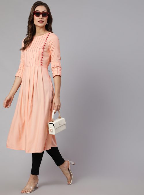 Peach Embroidered A Line Kurta