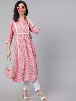 Women Pink Laced woven mix match kurta