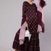 Women Wine Silk Printed Kurta With Sharara & Ombre Dupatta