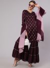 Women Wine Silk Printed Kurta With Sharara & Ombre Dupatta