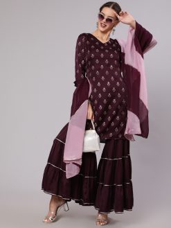 Women Wine Silk Printed Kurta With Sharara & Ombre Dupatta