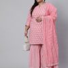 Women Plus Size Pink Straight Ethnic Embroidered Kurta With Printed Palazzo And Solid Dupatta