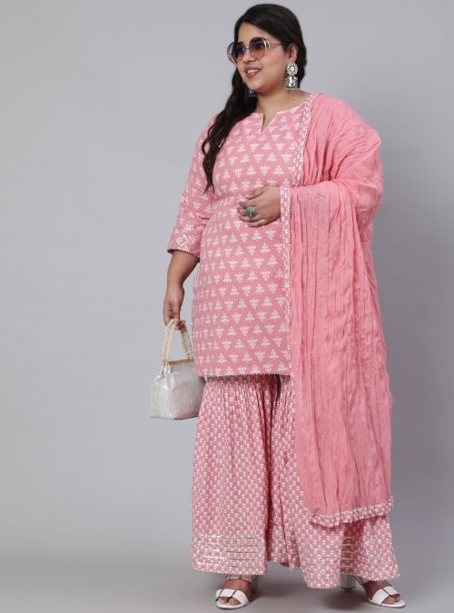 Women Plus Size Pink Straight Ethnic Embroidered Kurta With Printed Palazzo And Solid Dupatta